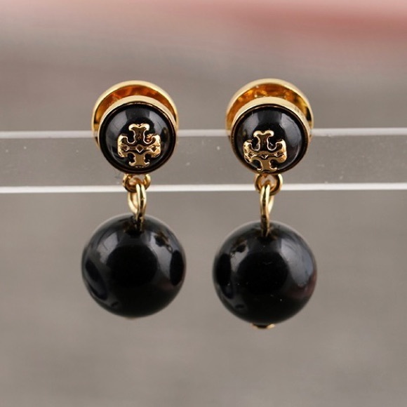 ⭐️Host Pick⭐️Tory Burch Black Pearl Gold Kira Drop Earrings - Picture 2 of 9
